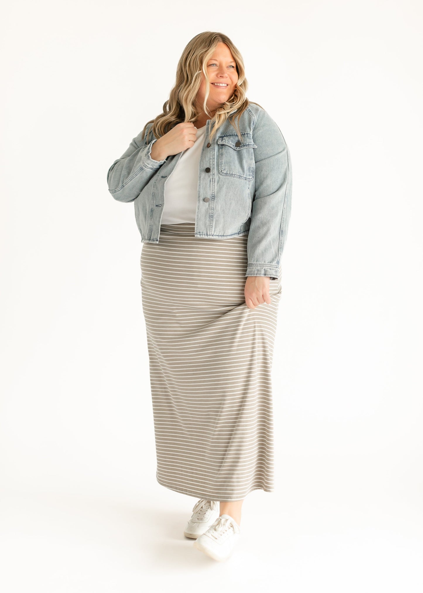 Striped Premium Knit Maxi Skirt Elastic Waistband Clarise