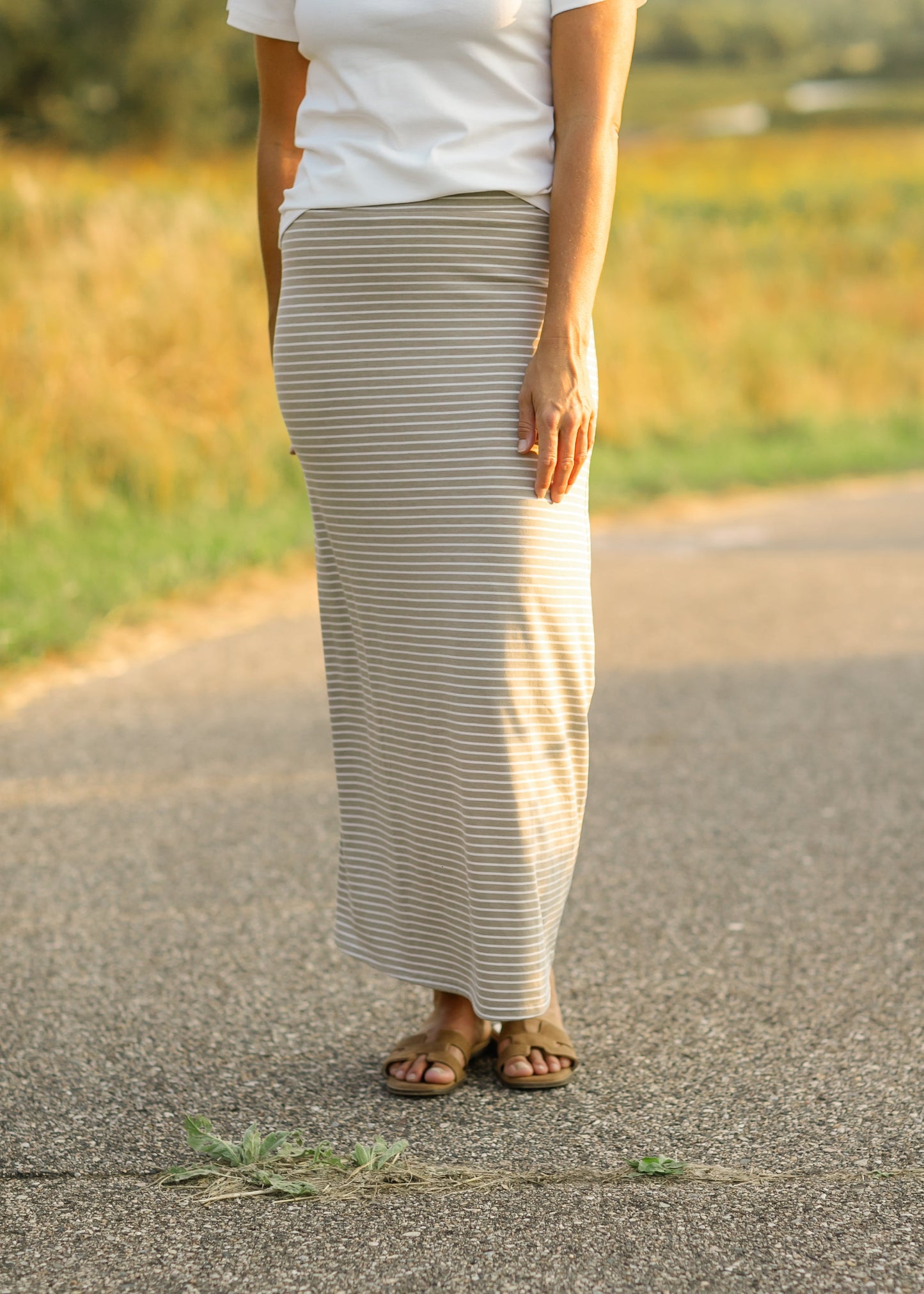 Striped Premium Knit Maxi Skirt Elastic Waistband Clarise