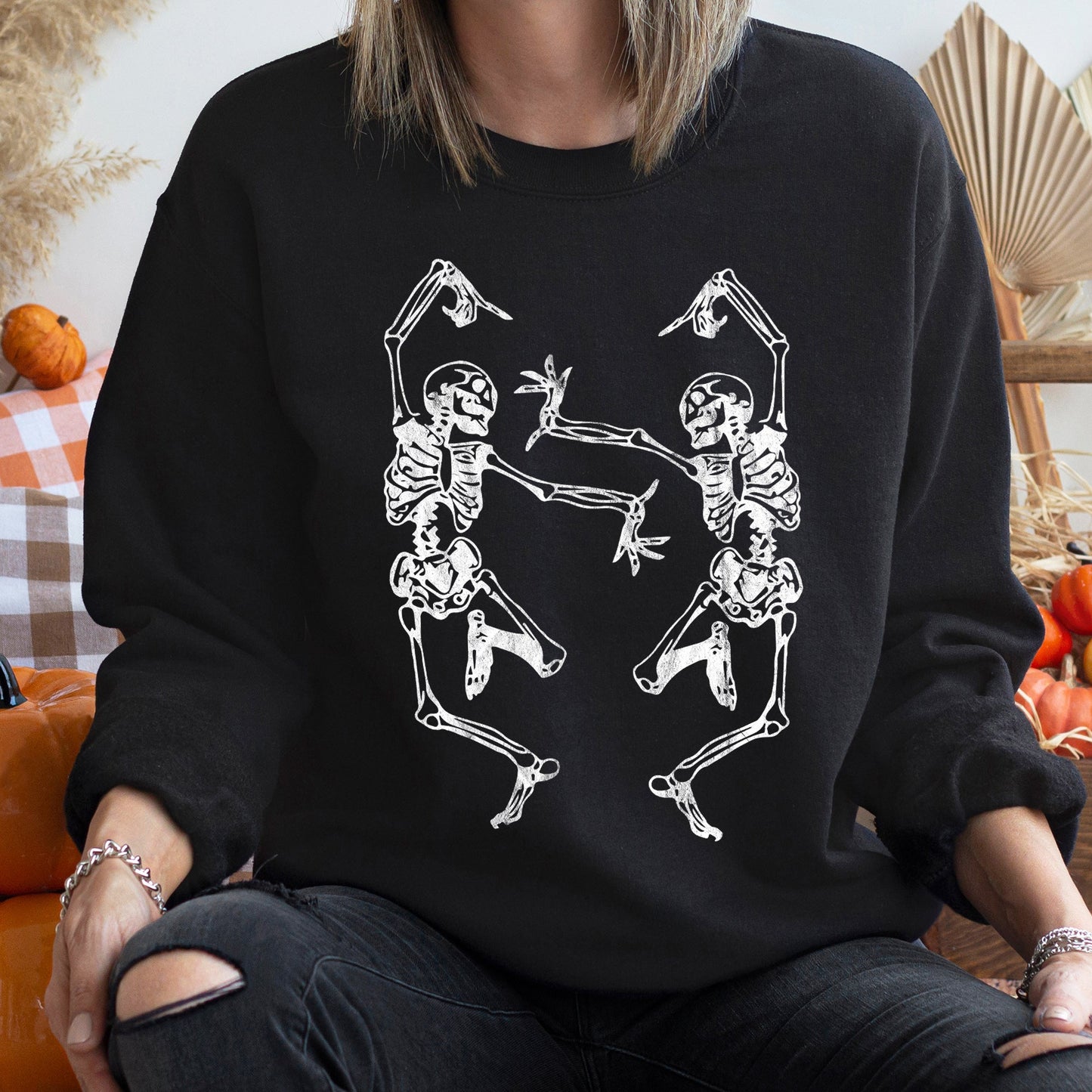 Dancing Skeletons Vintage Halloween Sweatshirt Cozy Cotton Blend