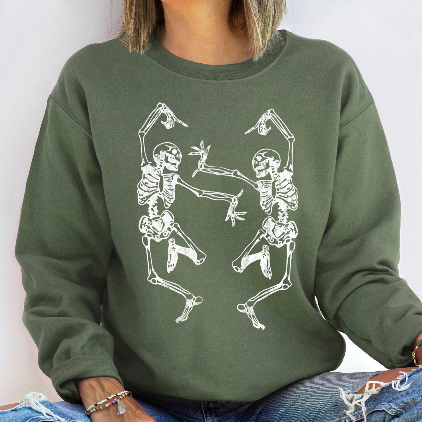 Dancing Skeletons Vintage Halloween Sweatshirt Cozy Cotton Blend