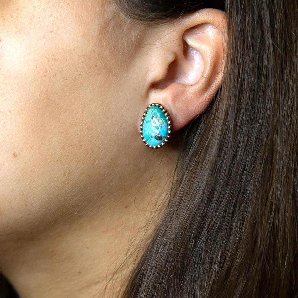 Blue Turquoise Clip On Golden Earrings