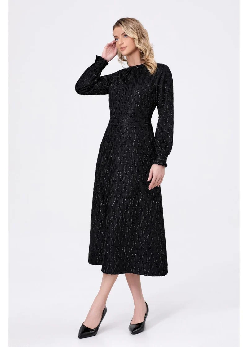 Luxe Black and Gold Design Midi Dress Miss Finch NYC