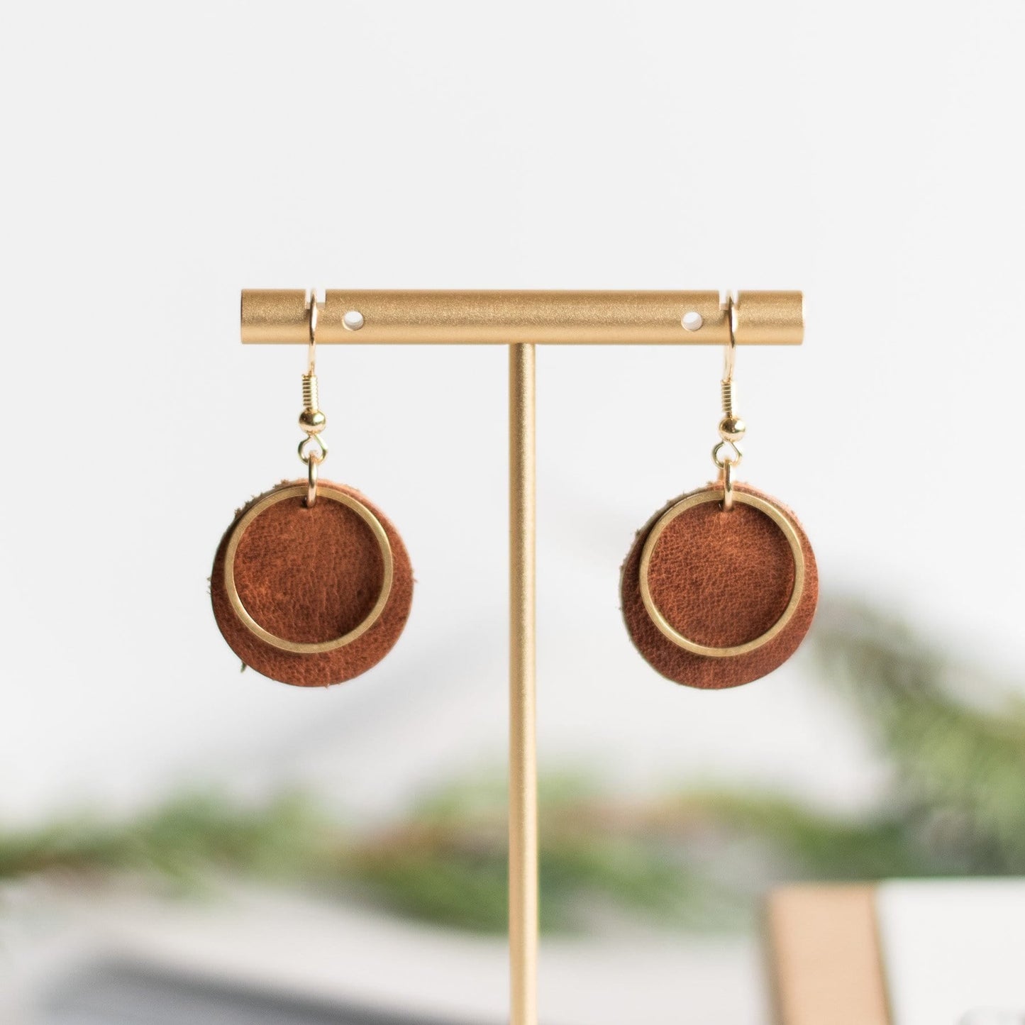 Cognac Leather Lightweight Earrings Wren Sela Designs