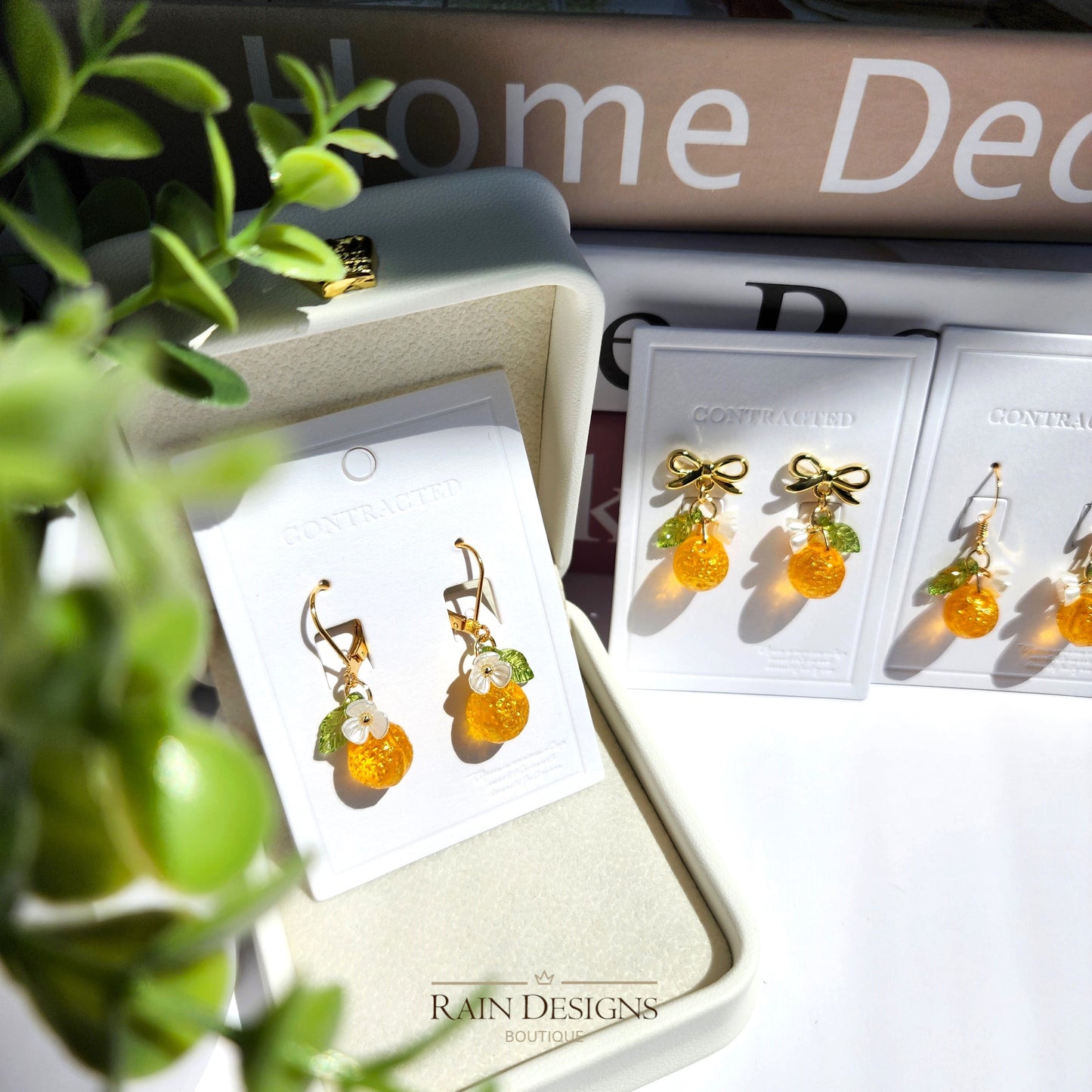 Gold Orange Handmade Czech Glass Fruit Dangle Earrings