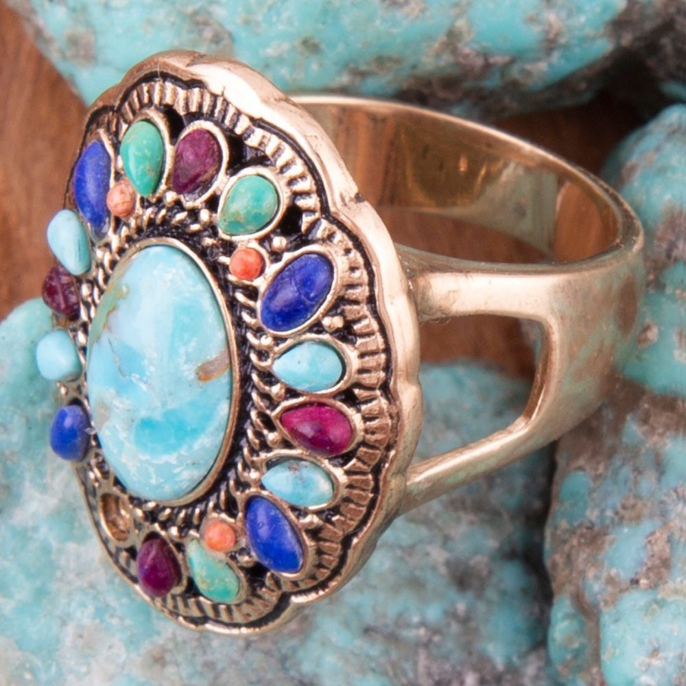 Colorful Golden Statement Ring with Genuine Turquoise and Coral Stones