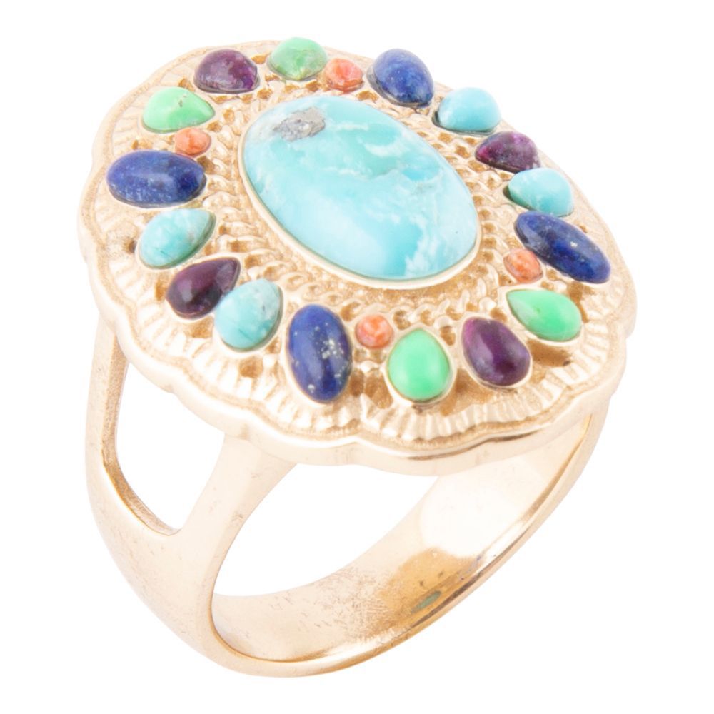 Colorful Golden Statement Ring with Genuine Turquoise and Coral Stones