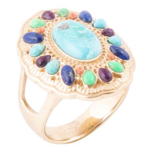 Colorful Golden Statement Ring with Genuine Turquoise and Coral Stones
