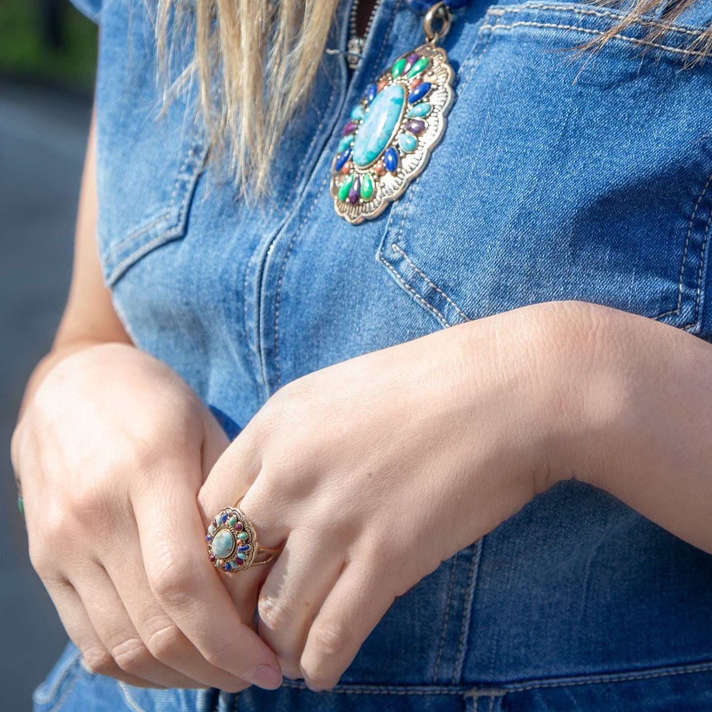 Colorful Golden Statement Ring with Genuine Turquoise and Coral Stones