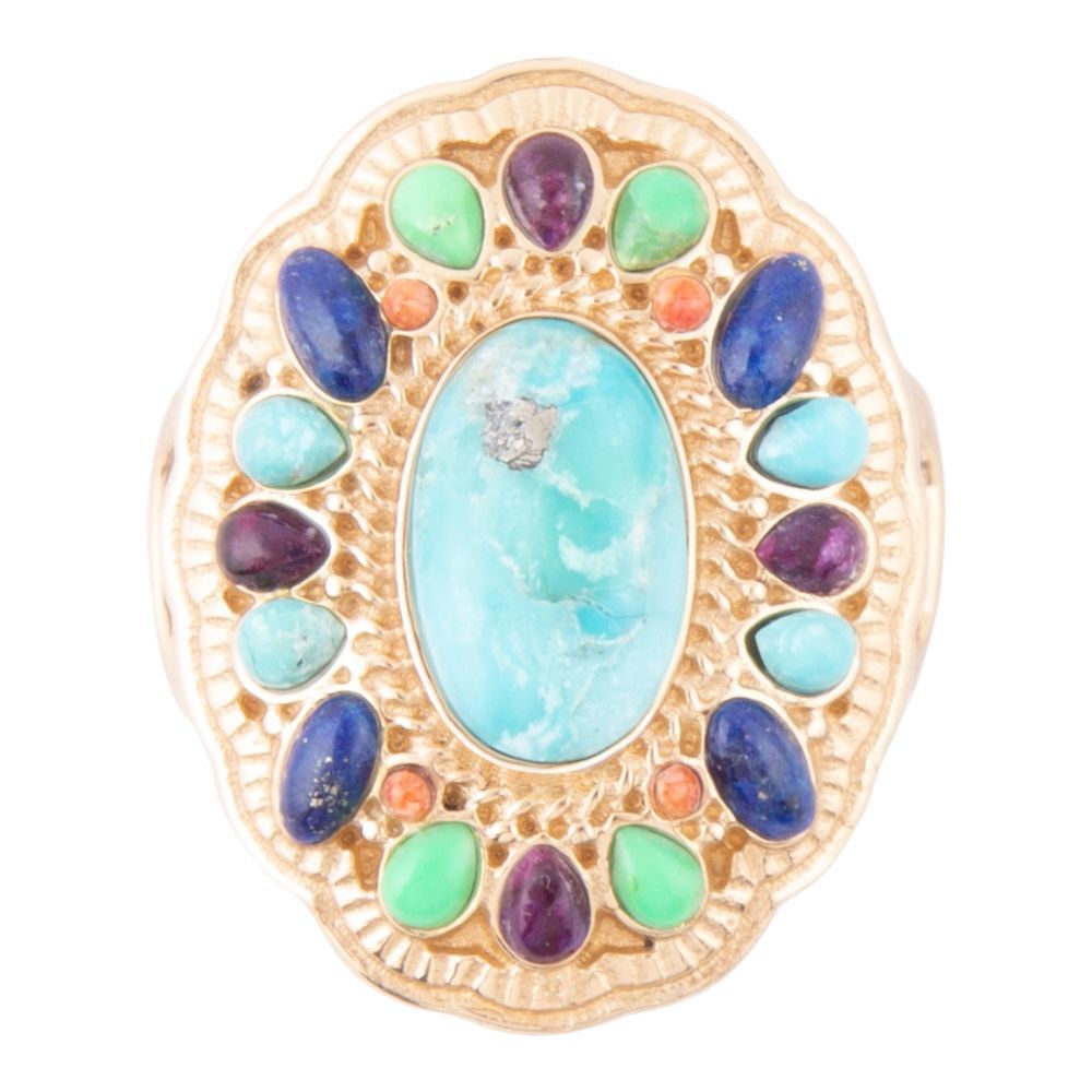 Colorful Golden Statement Ring with Genuine Turquoise and Coral Stones