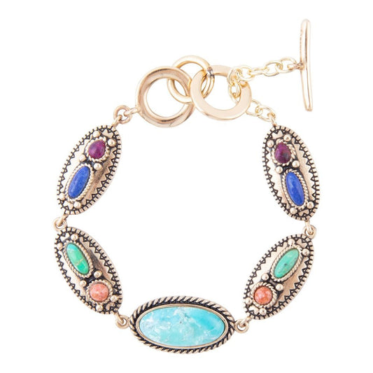 Colourfull Golden Link Bracelet with Genuine Turquoise and Coral Stones Concho