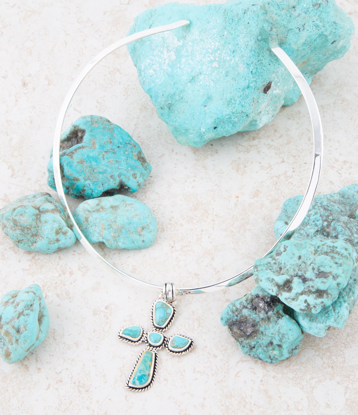 Blue Turquoise Cross Pendant Sterling Silver Necklace