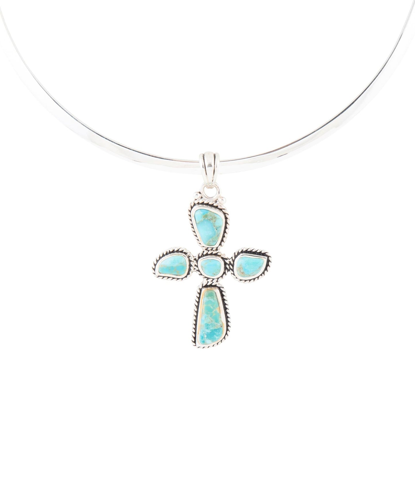 Blue Turquoise Cross Pendant Sterling Silver Necklace