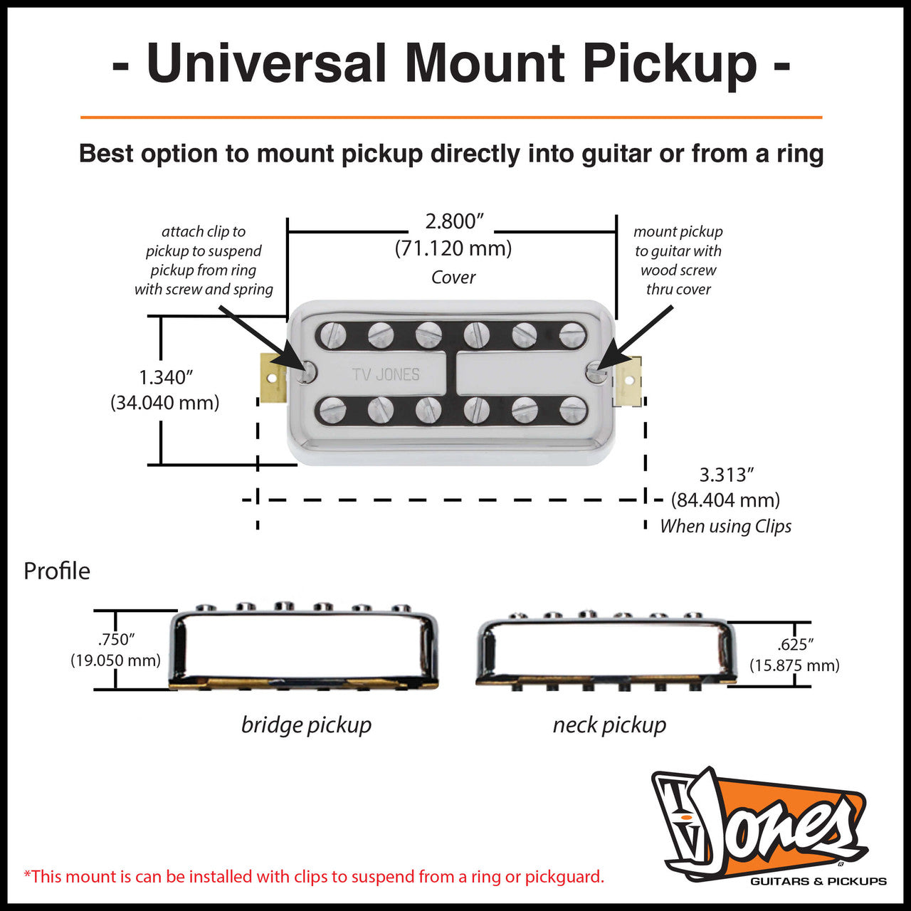 TV Jones Thunder’Tron Universal Mount Bridge Pickup - Chrome, NEW