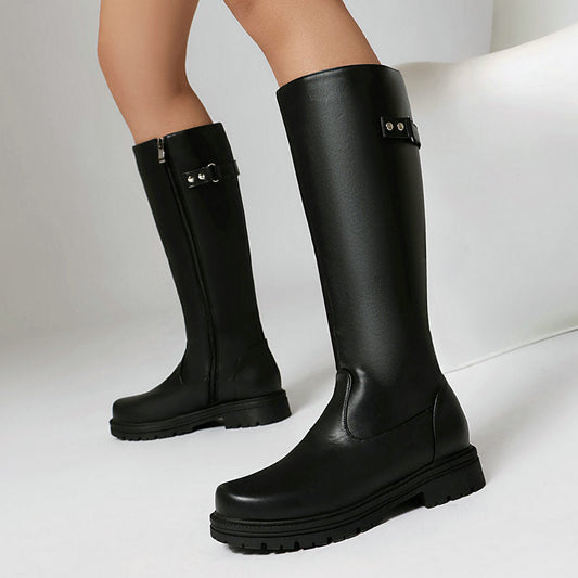 Retro British-Style Leather Belt Buckle Knee Riding Boots for Women