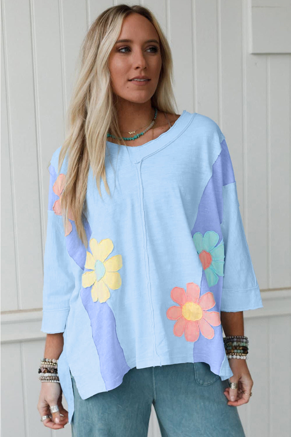Green Flower Patched Exposed Seam 3/4 Sleeve Top
