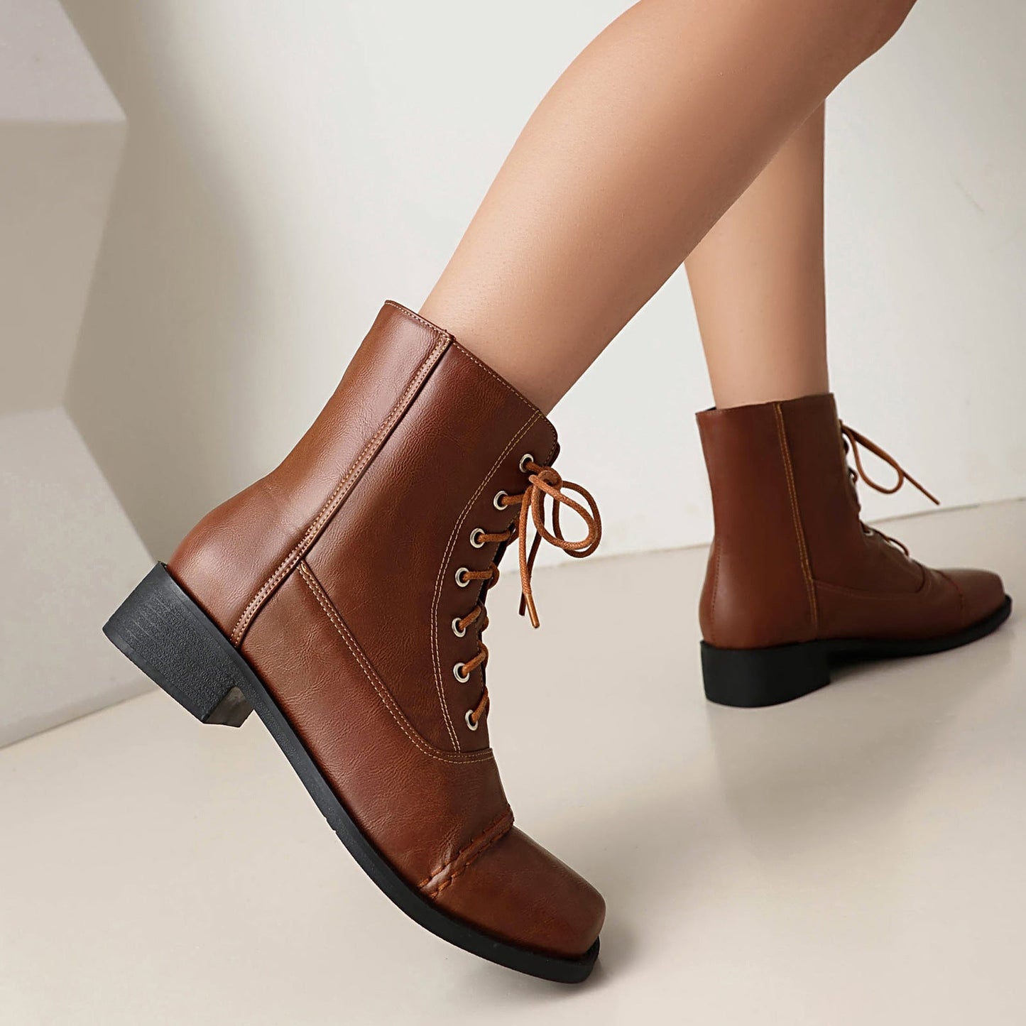 Women’s Lace-Up Square Toe Comfortable Motorcycle Boots