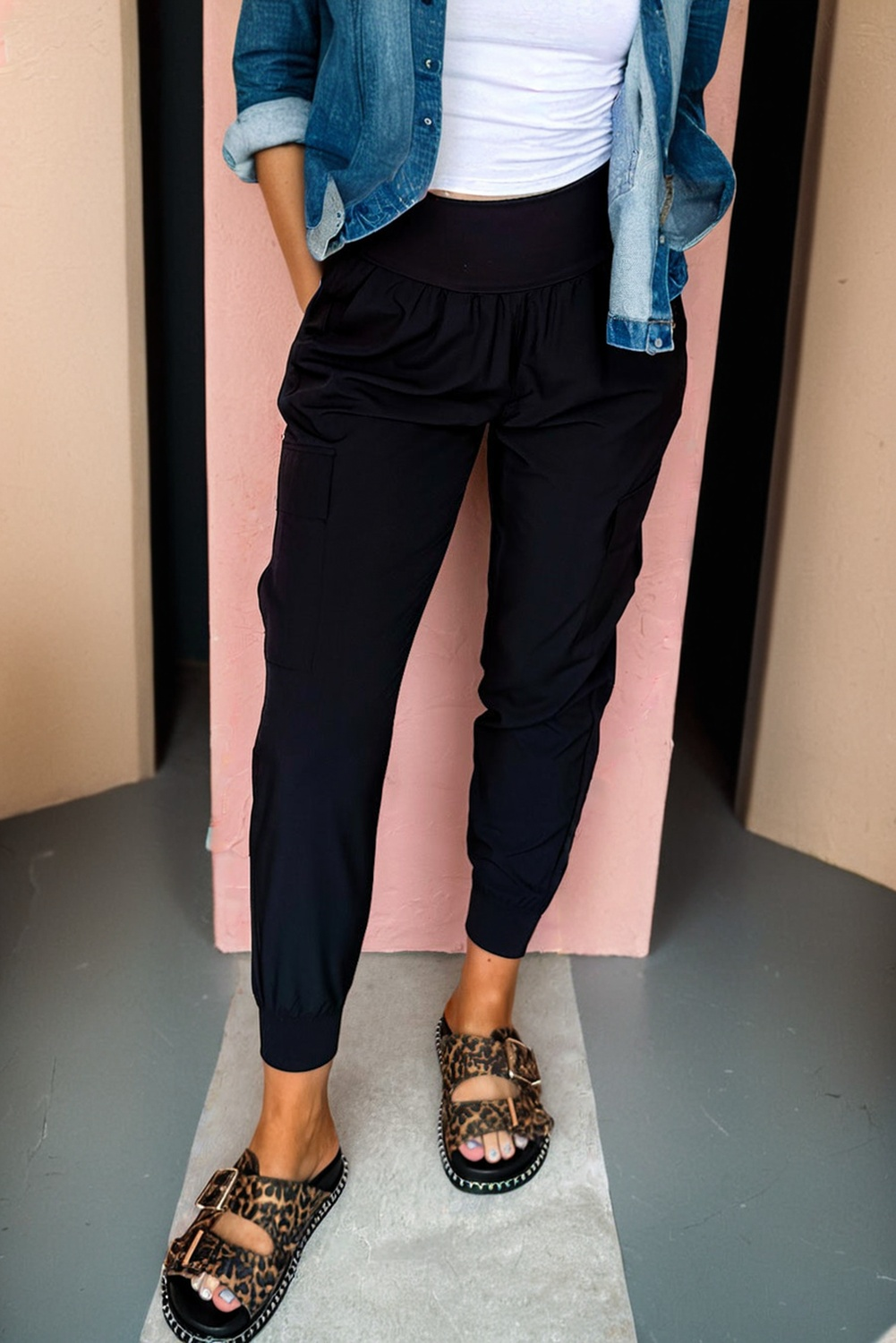 Camel Elastic High Waist Cargo Jogger Pants