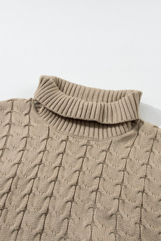 Cable Knit Turtleneck Batwing Short Sleeve Sweater