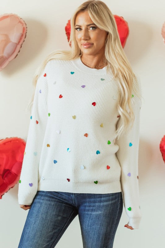 Heart Sequin Waffle Knit Crewneck Sweater