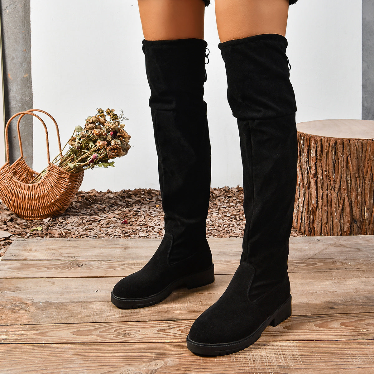Women’s Elastic Thick Sole Knee-High Boots Solid Color Fashion Boots