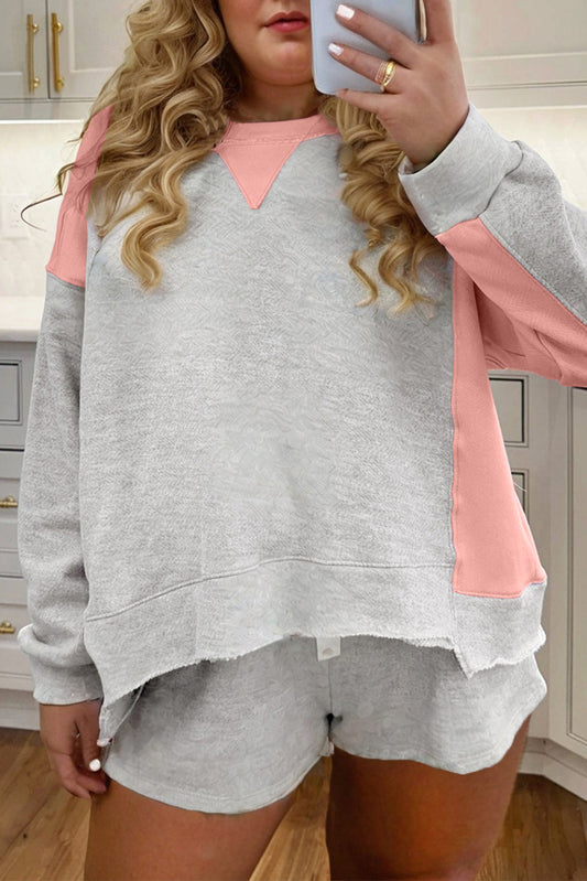 Light Grey Colorblock Patchwork Pullover Shorts Plus Size 2pcs Outfit