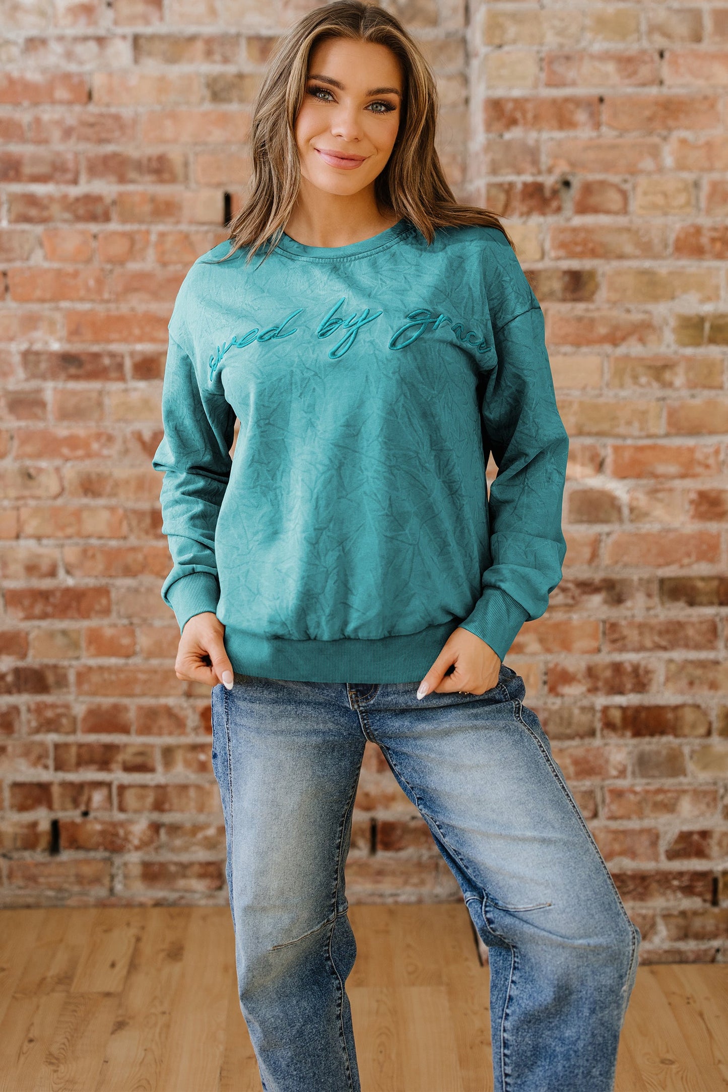 High-rise Mineral Wash Loose Sweatshirt Letter Embroidery