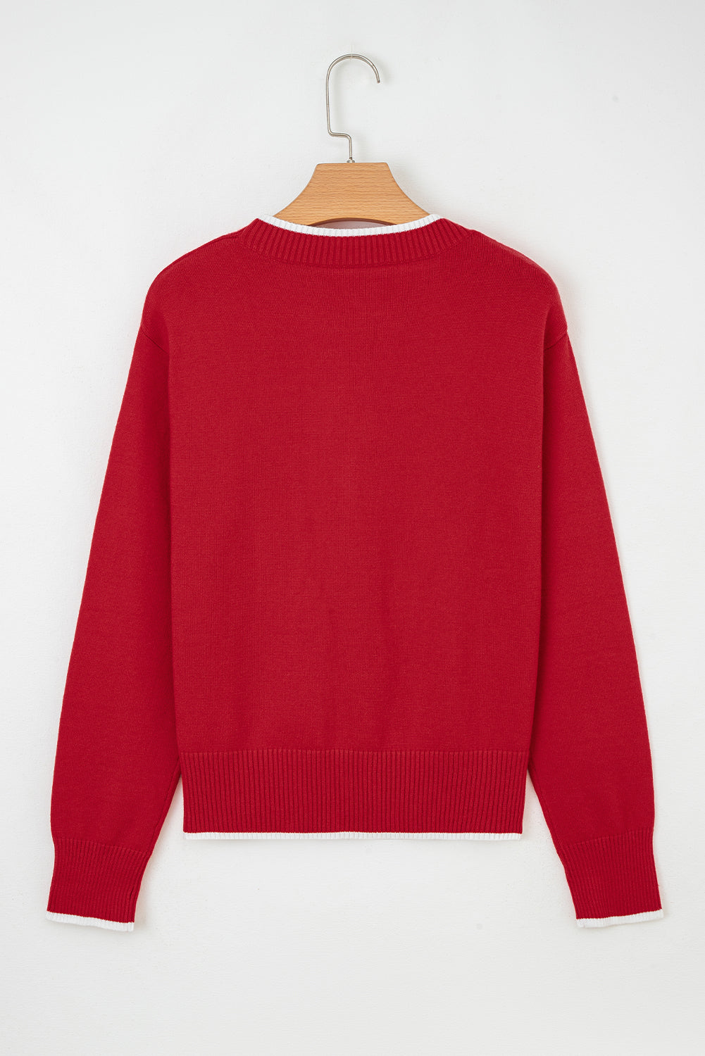 Fiery Red Contrast Trim Holiday Cropped Sweater with Big Bow Accent