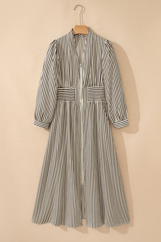 Stripe V-Neck Zip Front Midi Dress