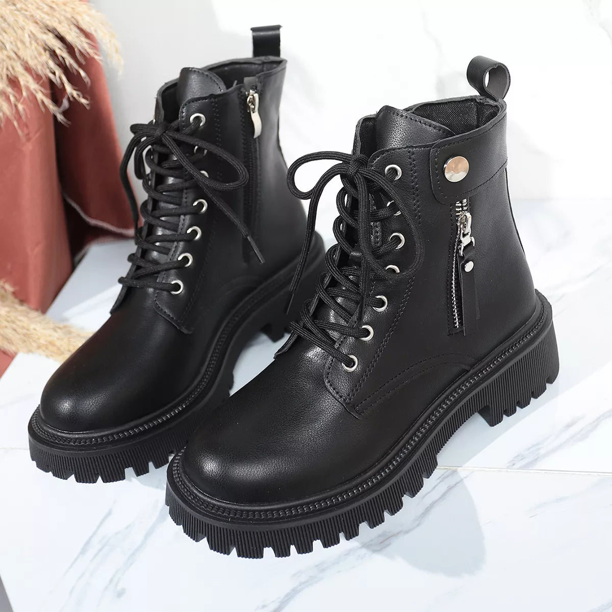Round Toe Mid-Heel Block Heels Boots