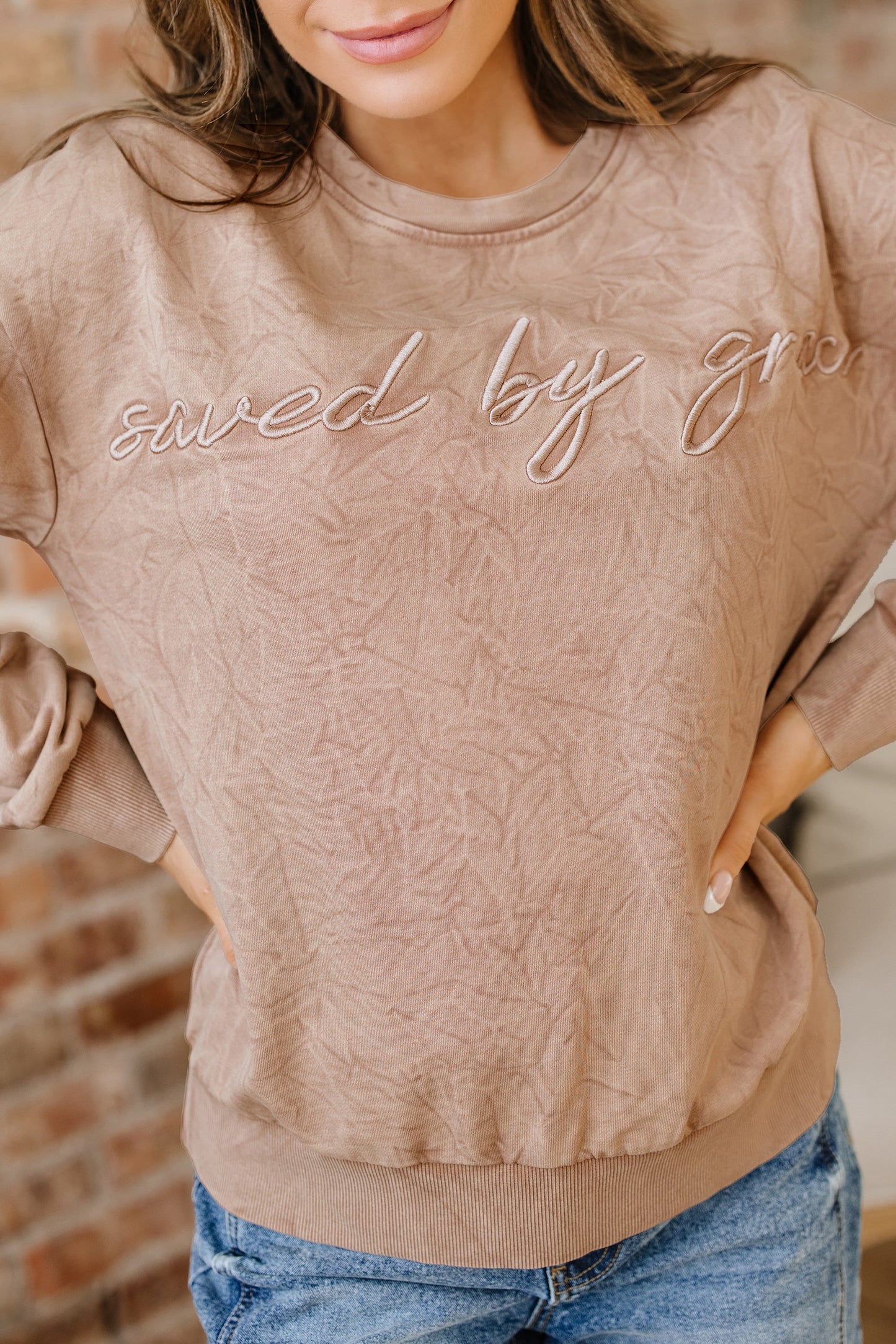 High-rise Mineral Wash Loose Sweatshirt Letter Embroidery