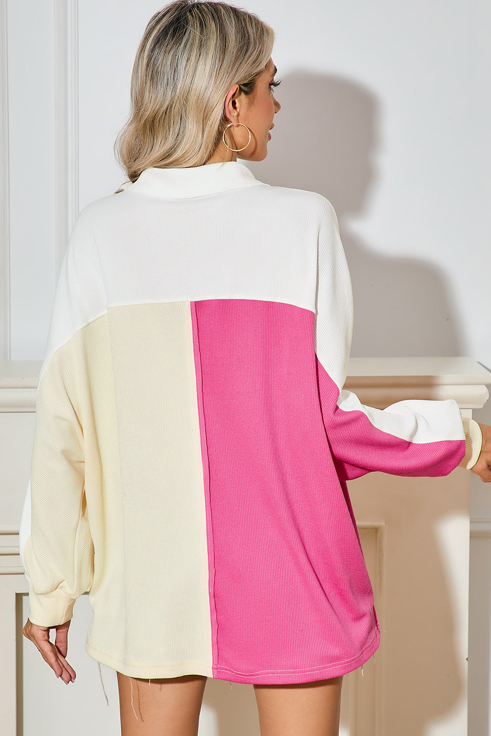 Gray Patchwork Ribbed Oversized Henley Sweatshirt