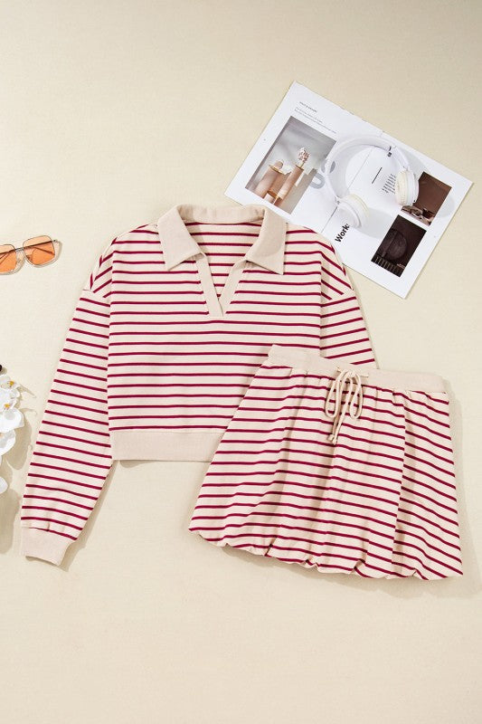 Striped Cropped Pullover and Bubble Mini Skirt Set