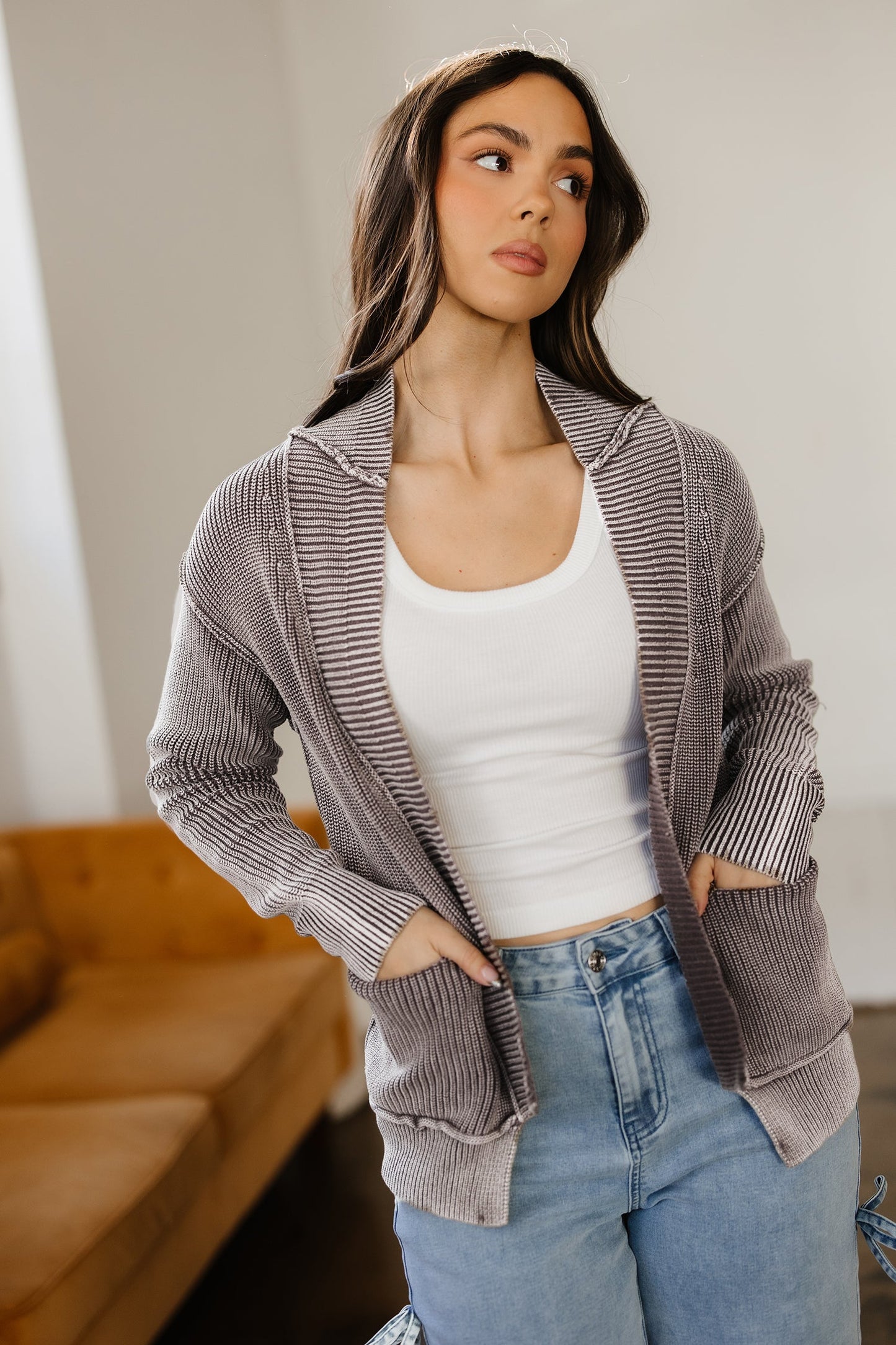 Chestnut Mineral Wash Knit Open Sweater Cardigan