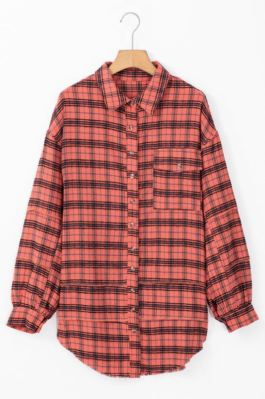 Plaid Button-Up Distressed Hem Long Sleeve Shirt
