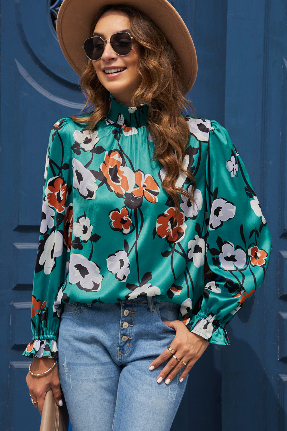 Green Floral Print Mock Neck Long Sleeve Silk Blouse