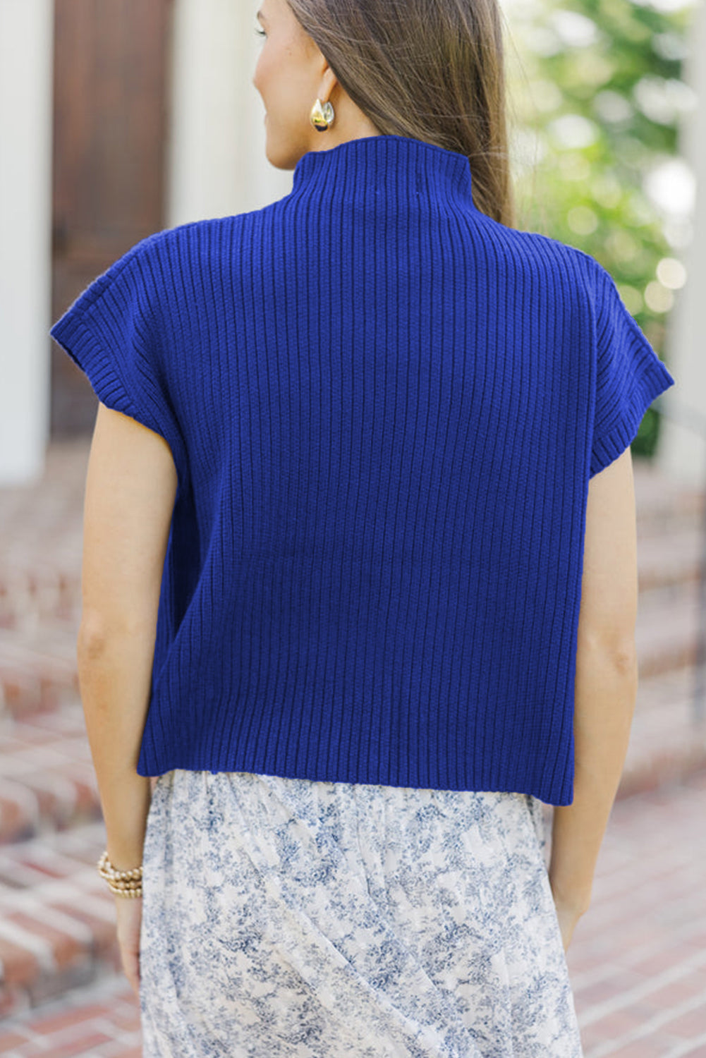 Dark Blue Ribbed Knit Short Sleeve Sweater