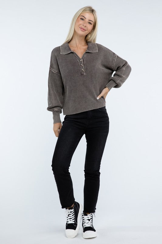 Washed Collared Henley Sweater Low Gauge Heavyweight Sweater