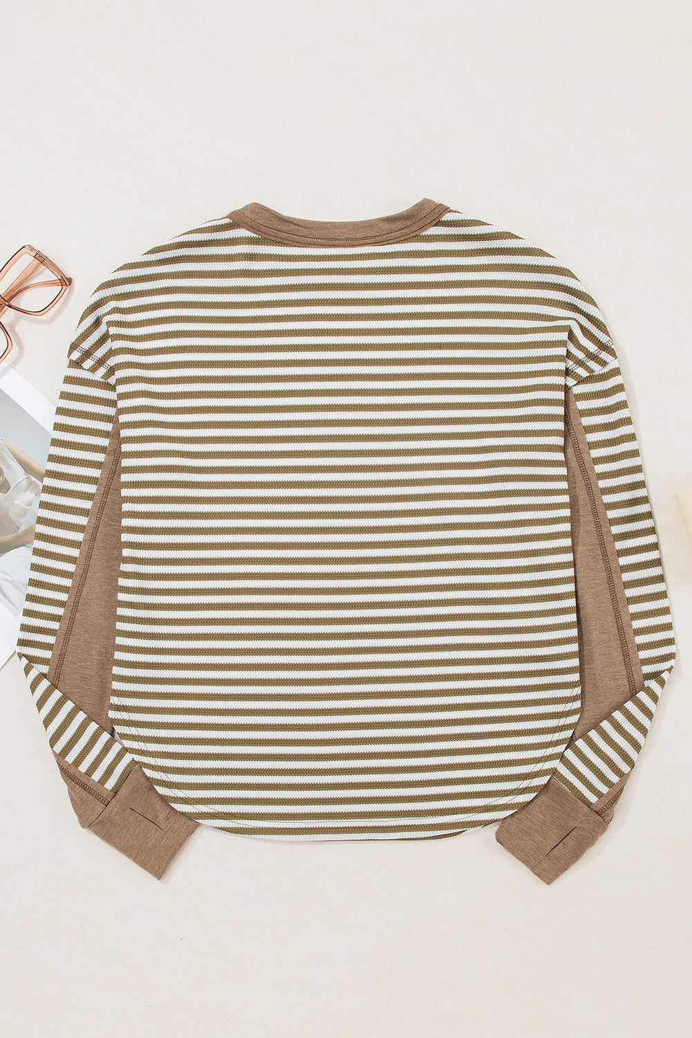 Khaki Stripe Thermal Knit Casual Top Drop Shoulder