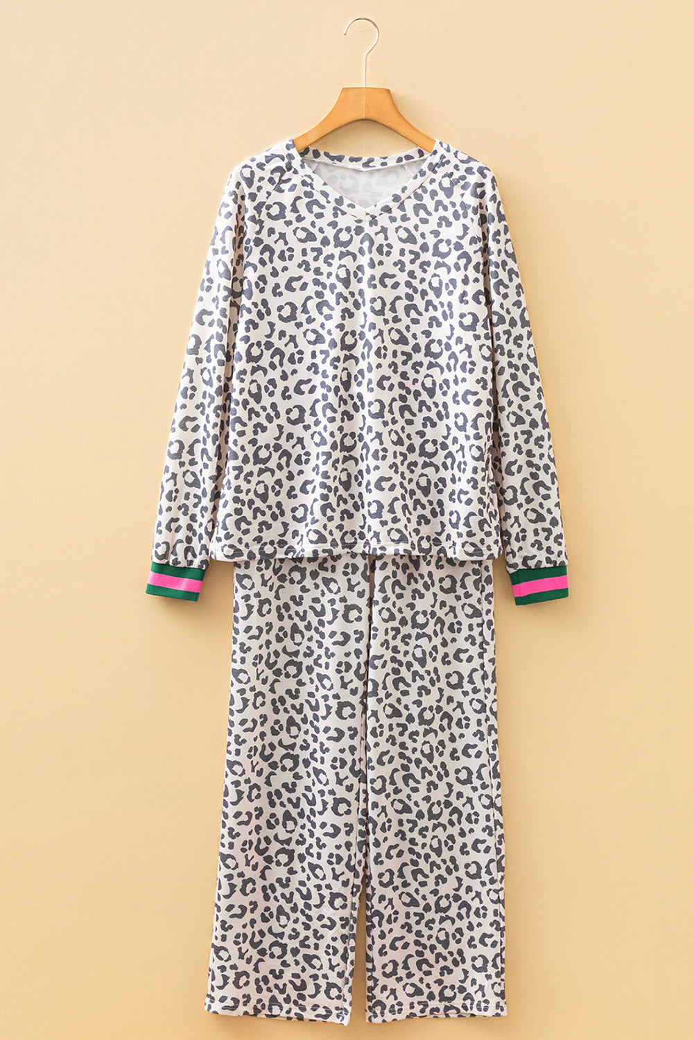 Gray Leopard Pattern Long Sleeve Top and Drawstring Pants Set