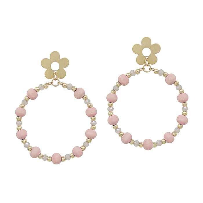 Gold Flower Pink Wood Drop Earrings Sweet Jude Boutique