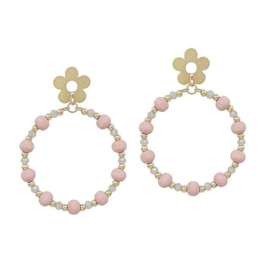 Gold Flower Pink Wood Drop Earrings Sweet Jude Boutique