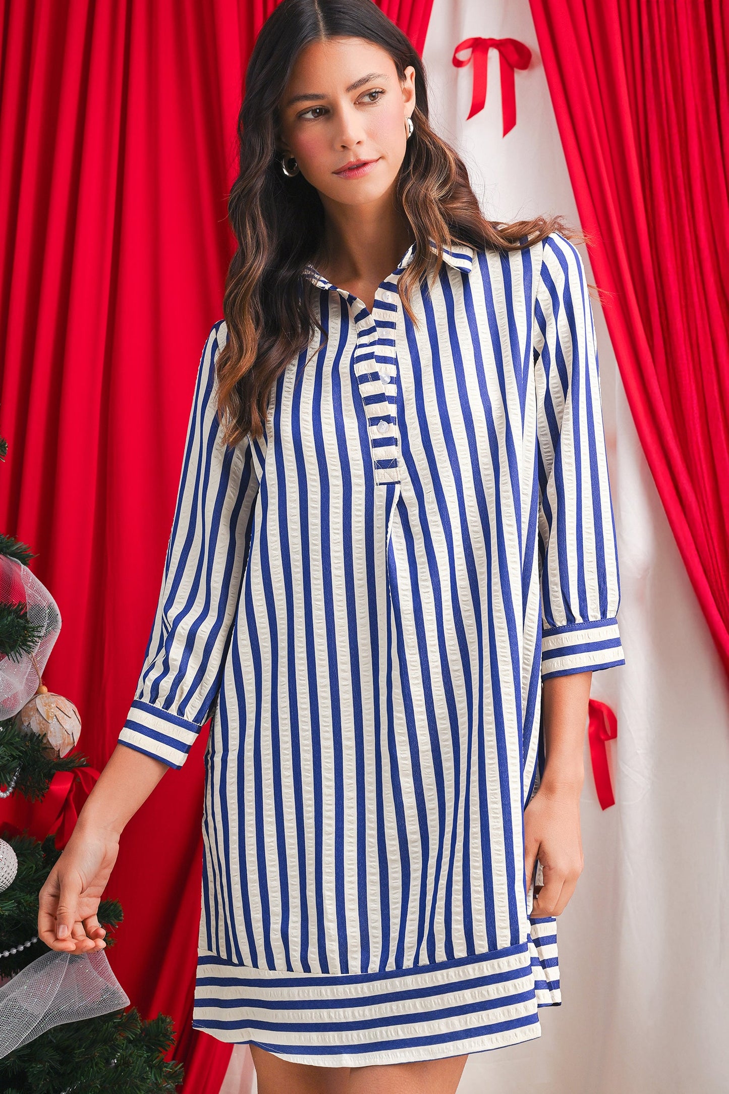 Blue Striped Loose Fit Mini Dress with Side Pockets Half Button Collared