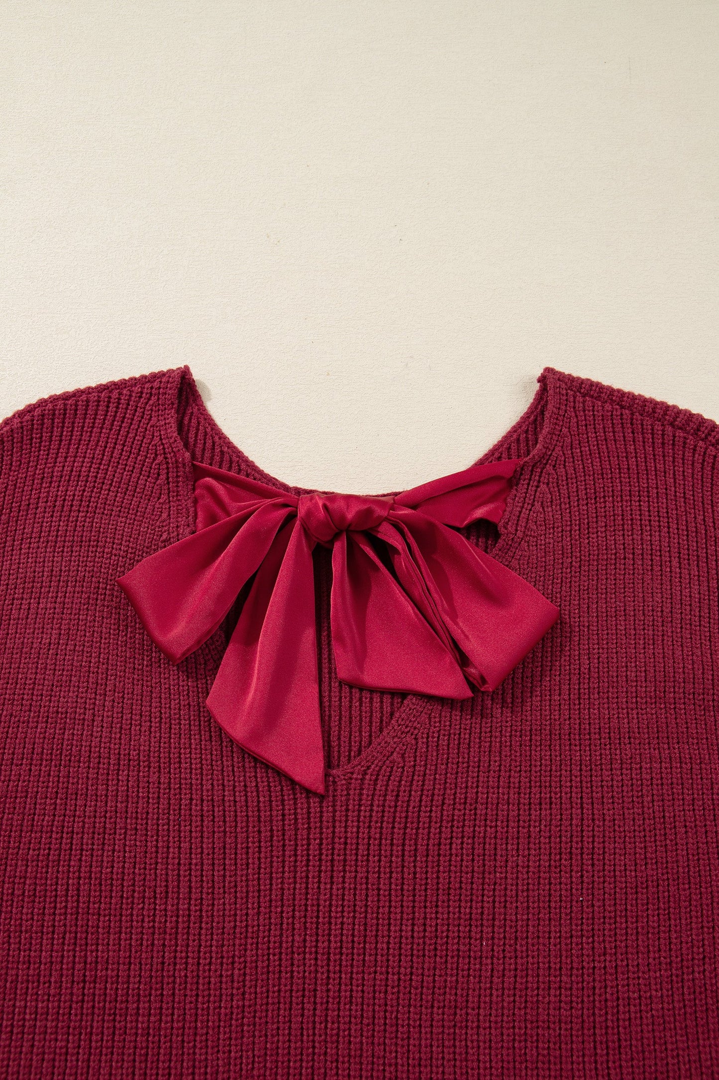Ribbed Knit Ribbon Knot Backless Drop Shoulder Sweater