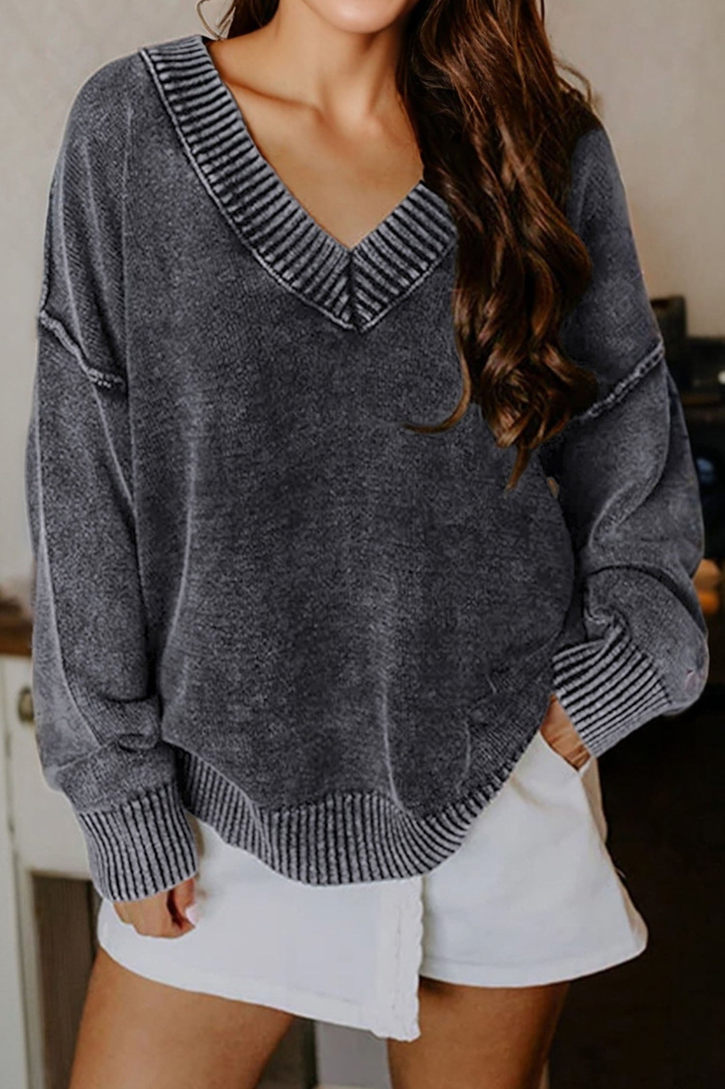 Four Leaf Clover Mineral Wash V Neck Knit Exposed Seam Drop Shoulder Loose Sweater