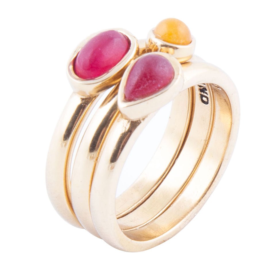 Red and Yellow Agate Dainty Stackable Golden Ring Set