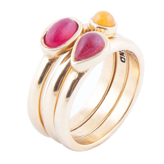 Red and Yellow Agate Dainty Stackable Golden Ring Set