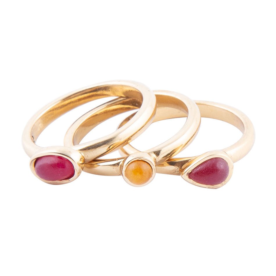 Red and Yellow Agate Dainty Stackable Golden Ring Set