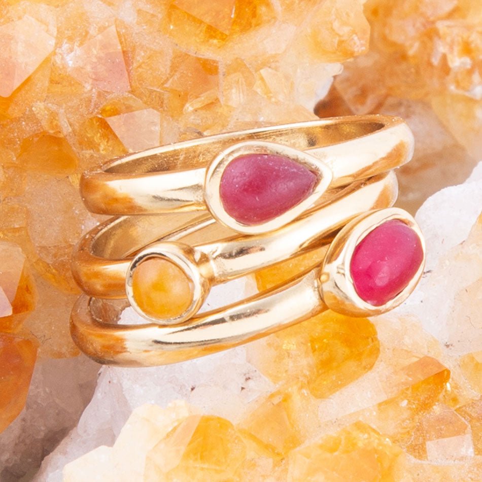 Red and Yellow Agate Dainty Stackable Golden Ring Set