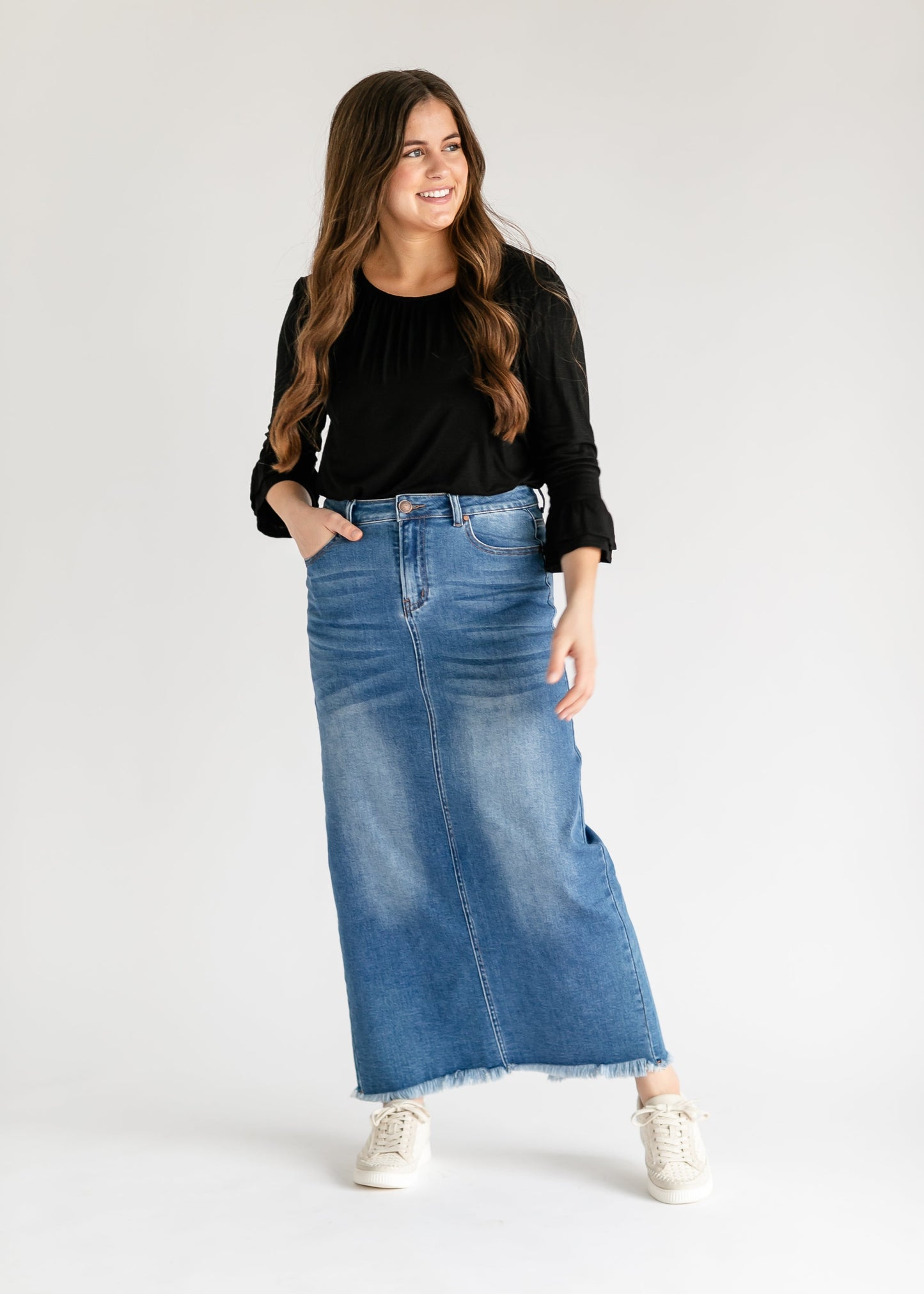 Raw Hem Long Denim Skirt Medium Wash Maxi Dakotah
