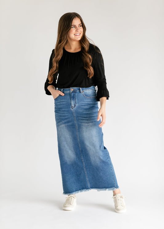 Raw Hem Long Denim Skirt Medium Wash Maxi Dakotah